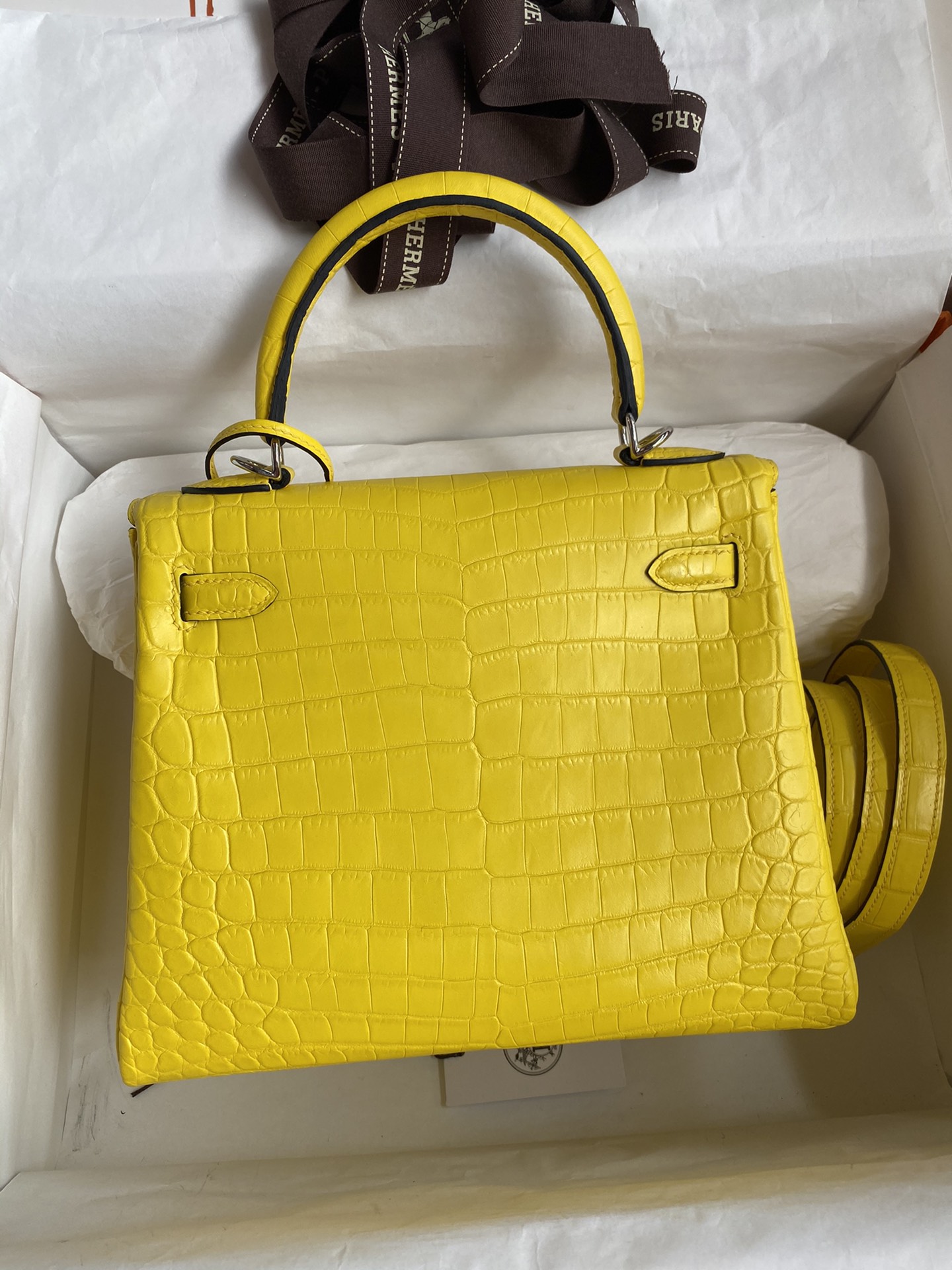 Hermes Kelly 25cm Handbag Shoulder Bag In Yellow Crocodile Niloticus Leather